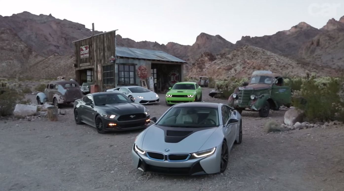 BMW i8 vs Lamborghini Huracan vs Dodge SRT Hellcat vs Ford Mustang